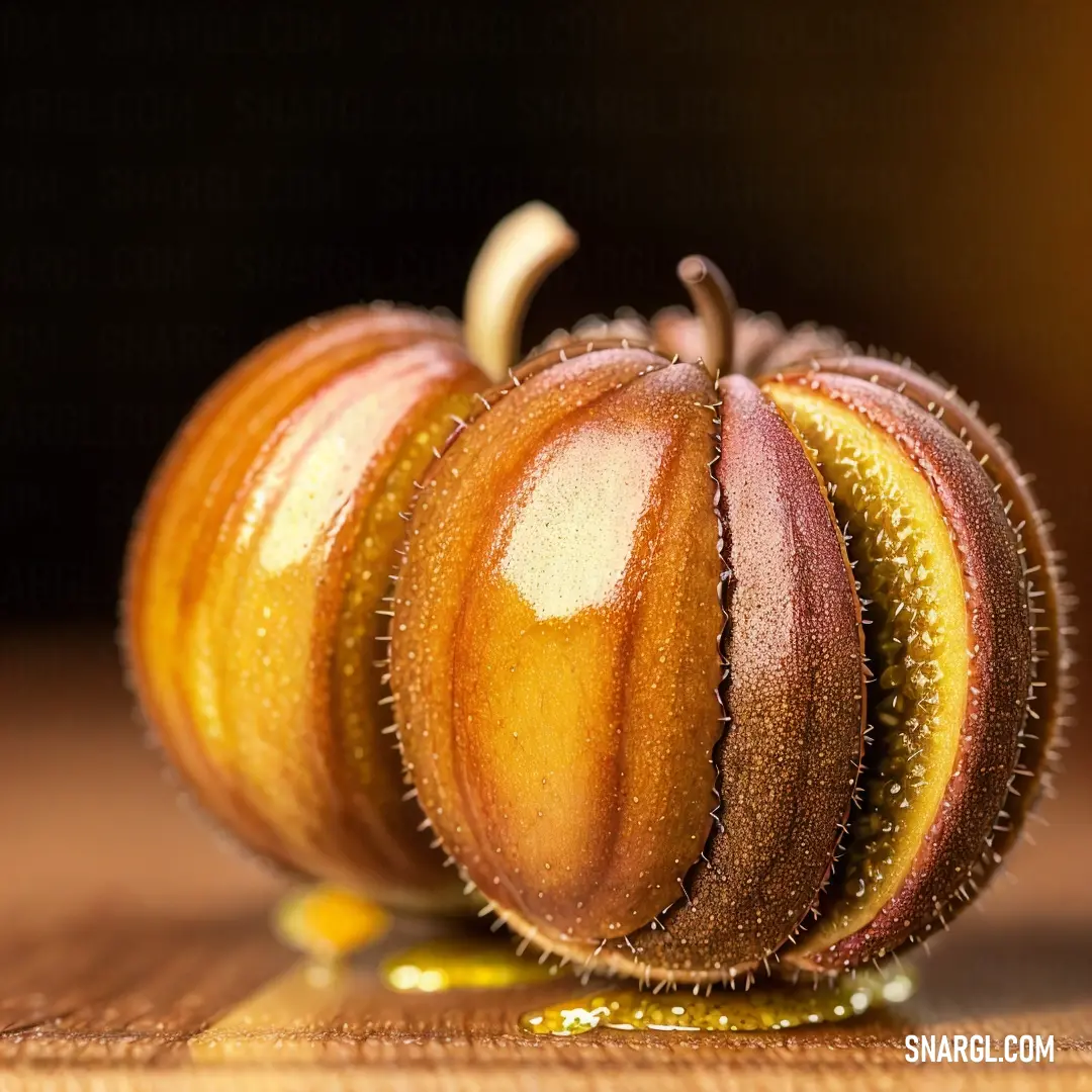 Close up of a small fruit on a table with a brown background and a yellow spot on the top