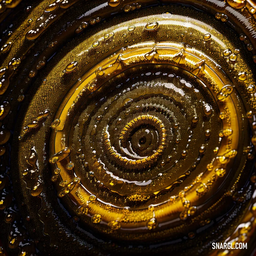 Close up of a spiral of water droplets on a surface of gold color with a black background