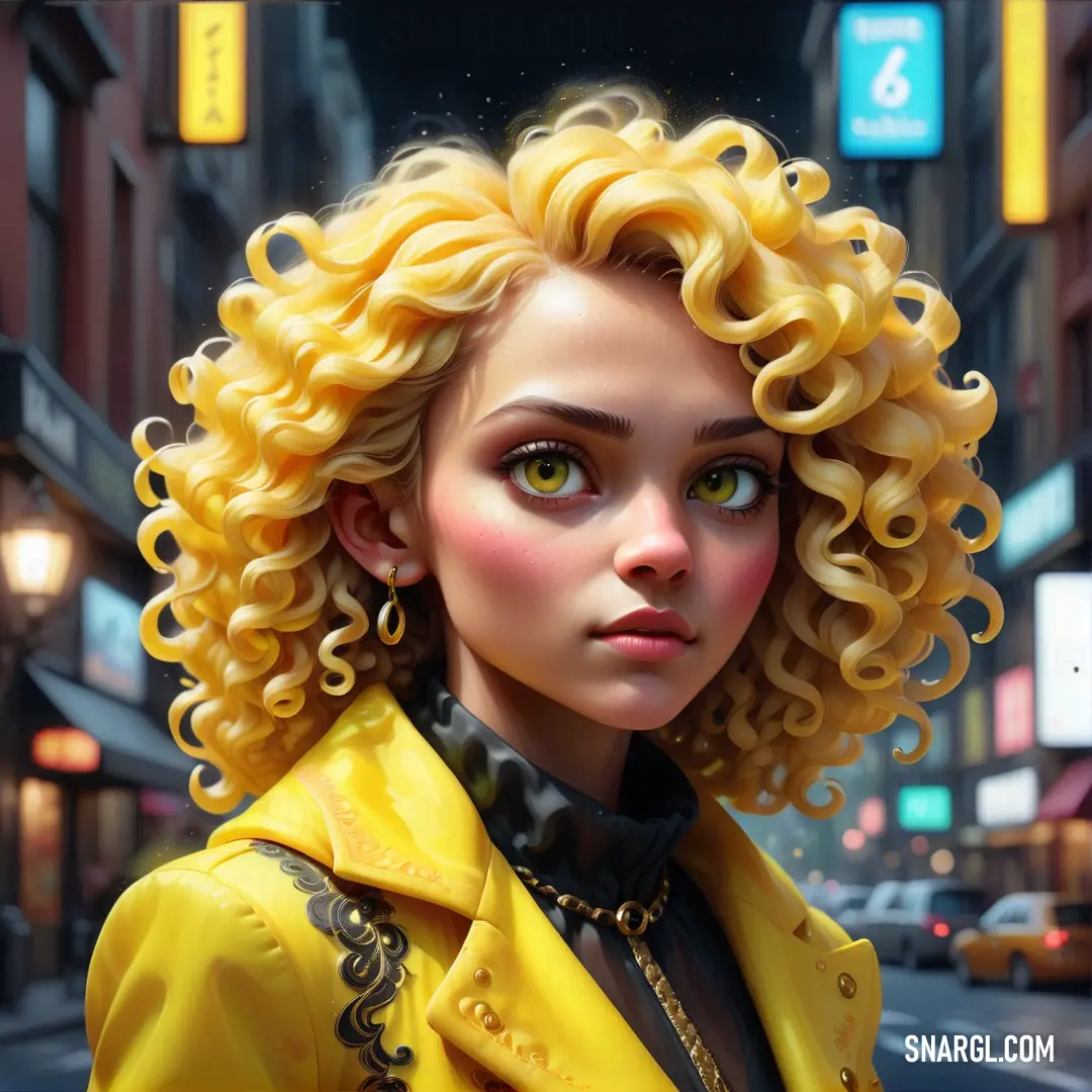 Digital painting of a woman with blonde hair and green eyes in a yellow jacket on a city street. Color #FFDB58.