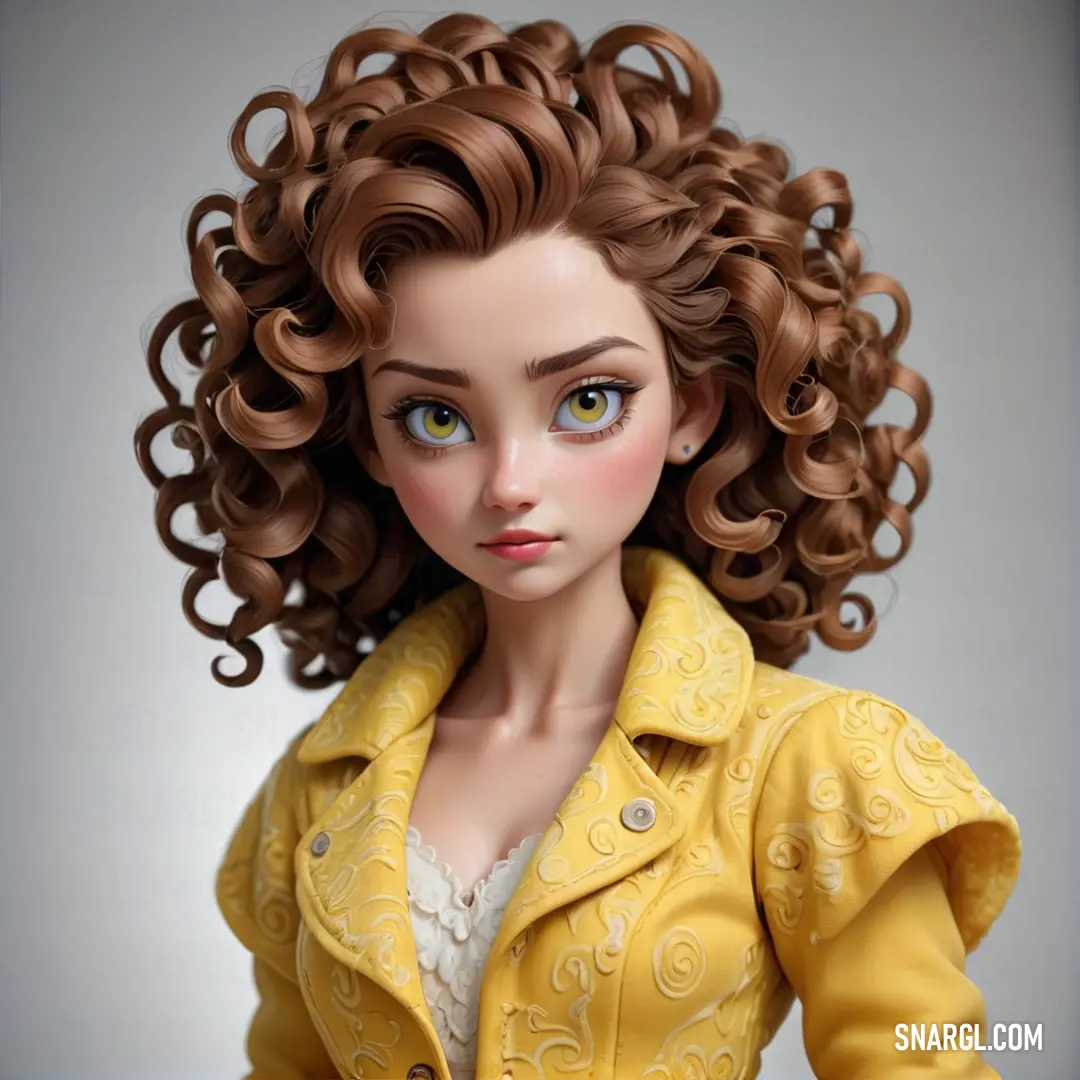 Doll with curly hair and a yellow jacket on a table with a white background and a gray backdrop. Color RGB 255,219,88.