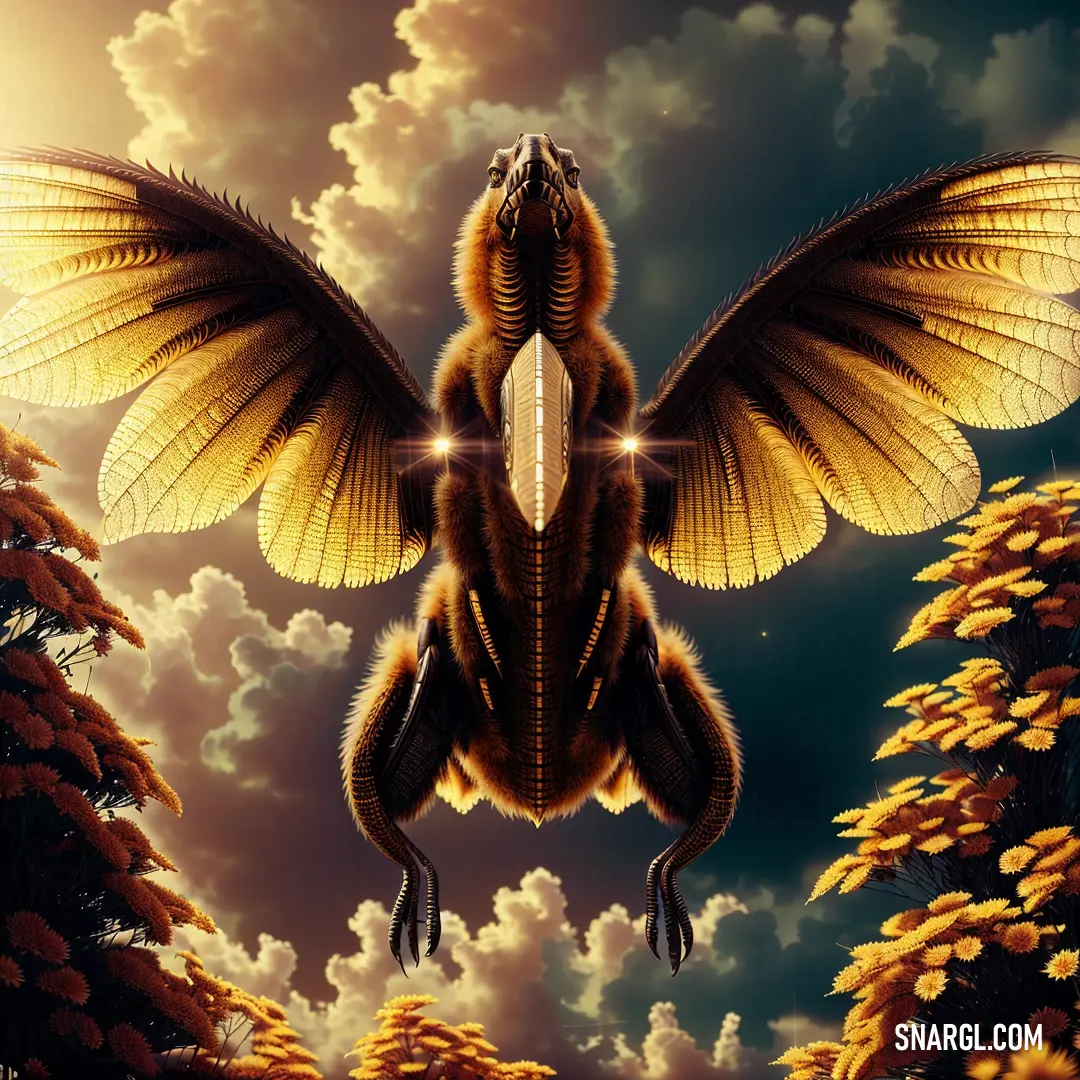 Dragon with wings flying through the air over a forest filled with trees and flowers in the background is a cloudy sky