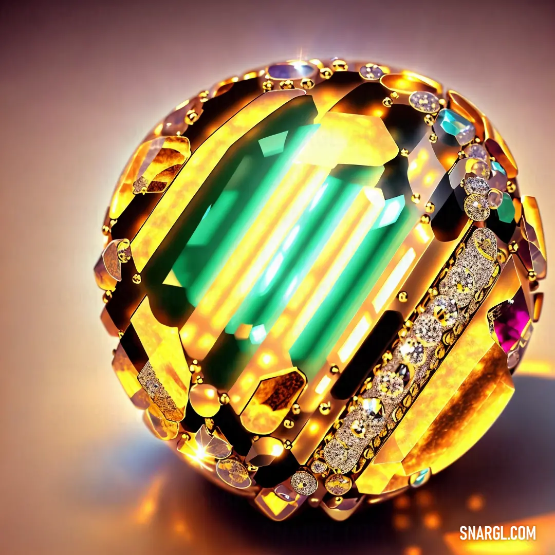 Large yellow ring with a green center surrounded by jewels and diamonds on a table top