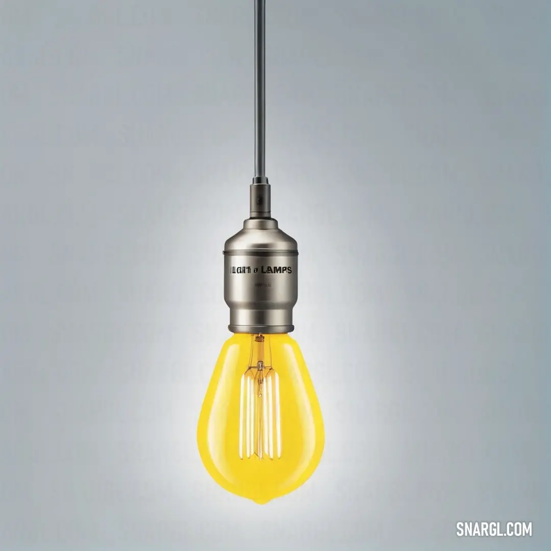 Mustard color. Light bulb with a black wire and a yellow light bulb on a gray background