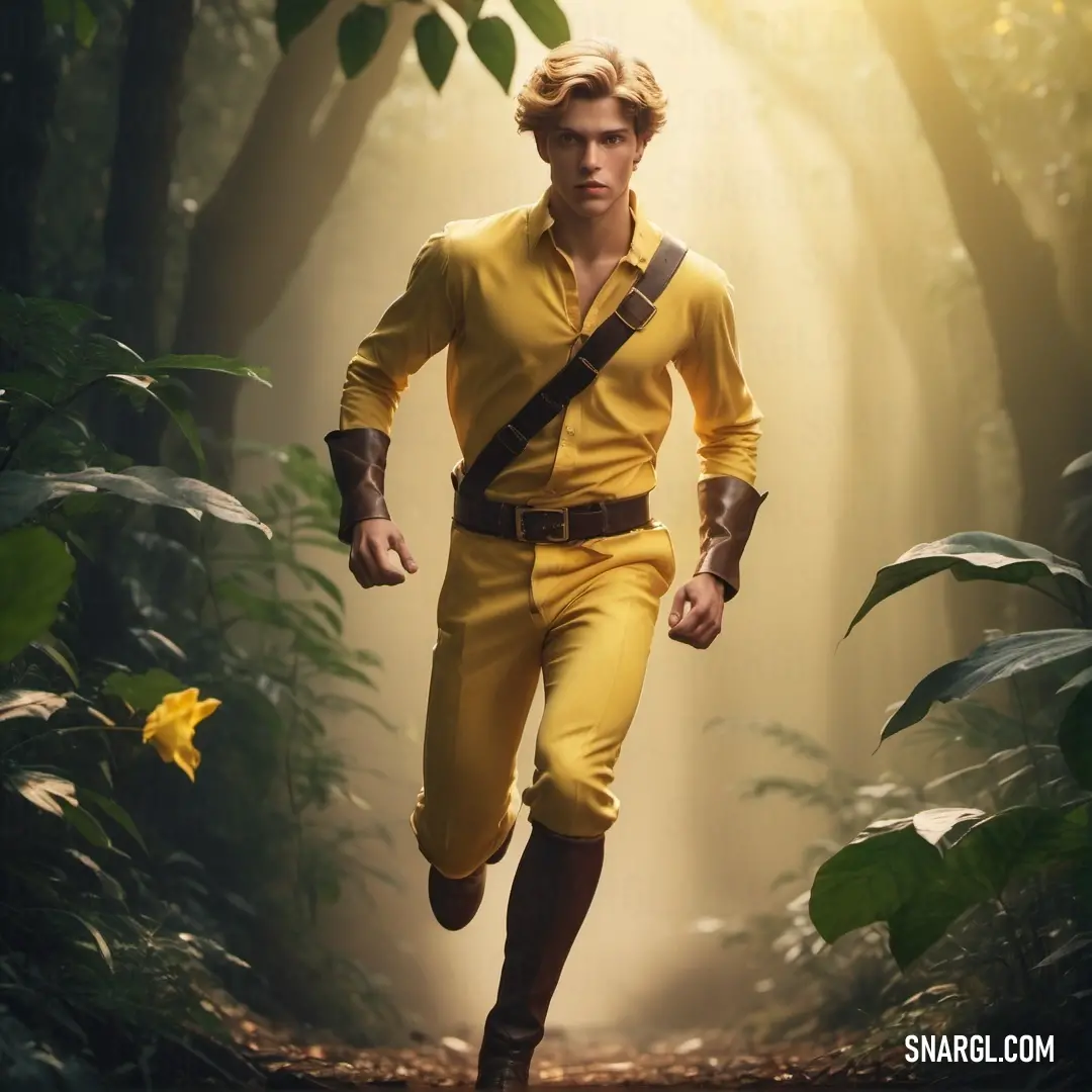 Man in a yellow outfit running through a forest with a yellow flower in his hand