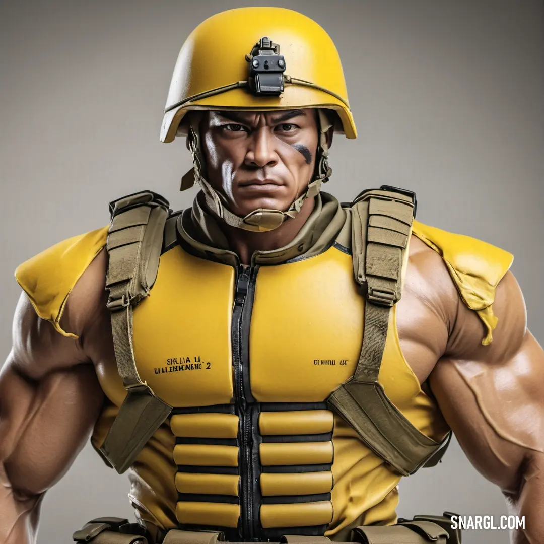 Man in a yellow uniform with a helmet on his head. Color RGB 255,219,88.