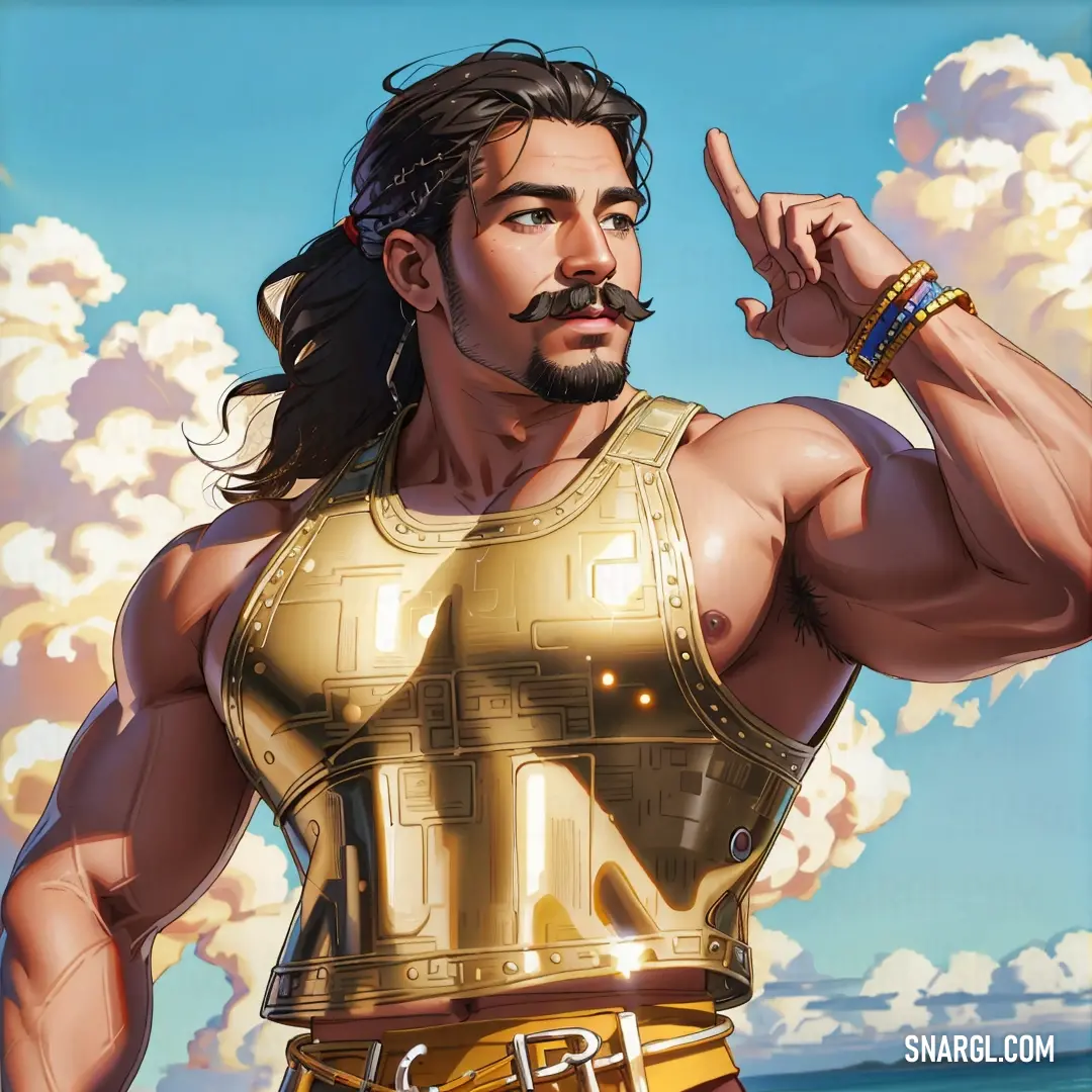 Man with a beard and a gold outfit pointing to the sky with clouds in the background and a blue sky