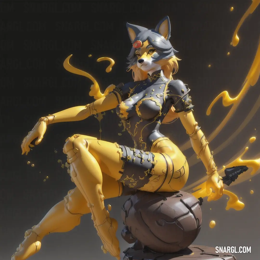 Cat woman on top of a ball with a gun in her hand and a yellow and black outfit. Color #FFDB58.