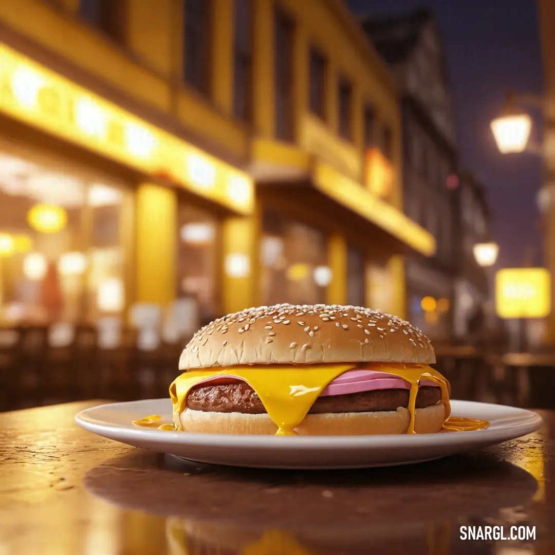 Cheeseburger with a bun and meat on a plate on a table outside a restaurant at night. Color Mustard.