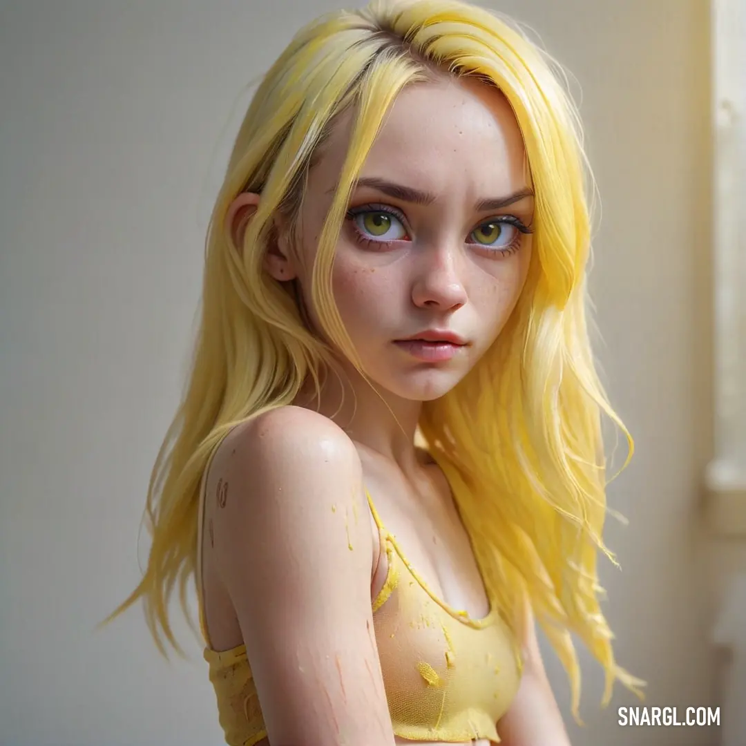 Doll with yellow hair and a yellow bra top on a bed with a window behind it. Color CMYK 0,14,65,0.