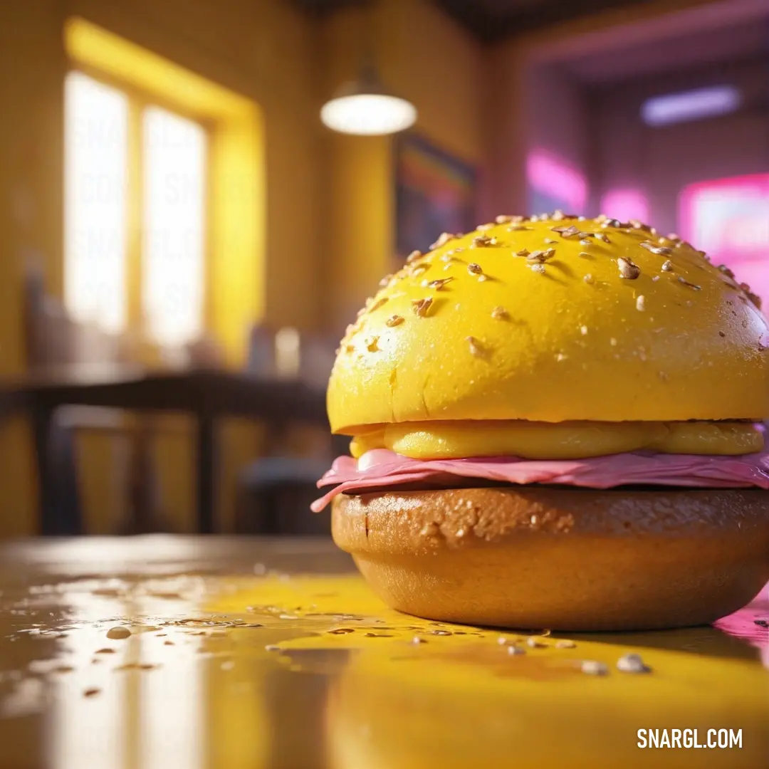 Hamburger on top of a table next to a window with a pink curtain on it's side. Example of CMYK 0,14,65,0 color.