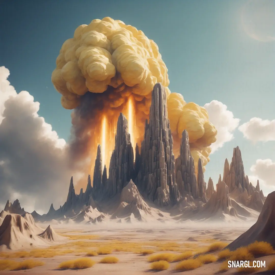 Huge mushroom like structure in the middle of a desert area with a sky background. Example of #FFDB58 color.