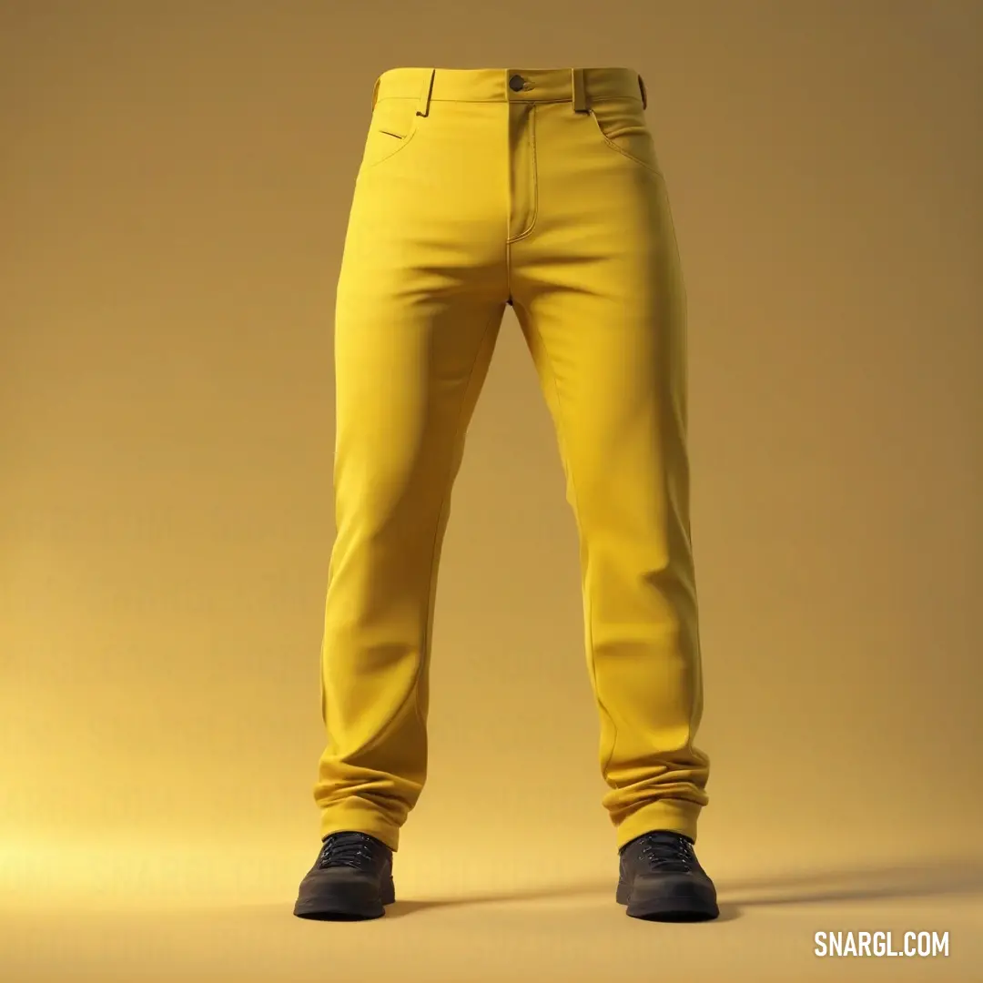 Mustard color example: Man in yellow pants and black shoes standing in a studio photo