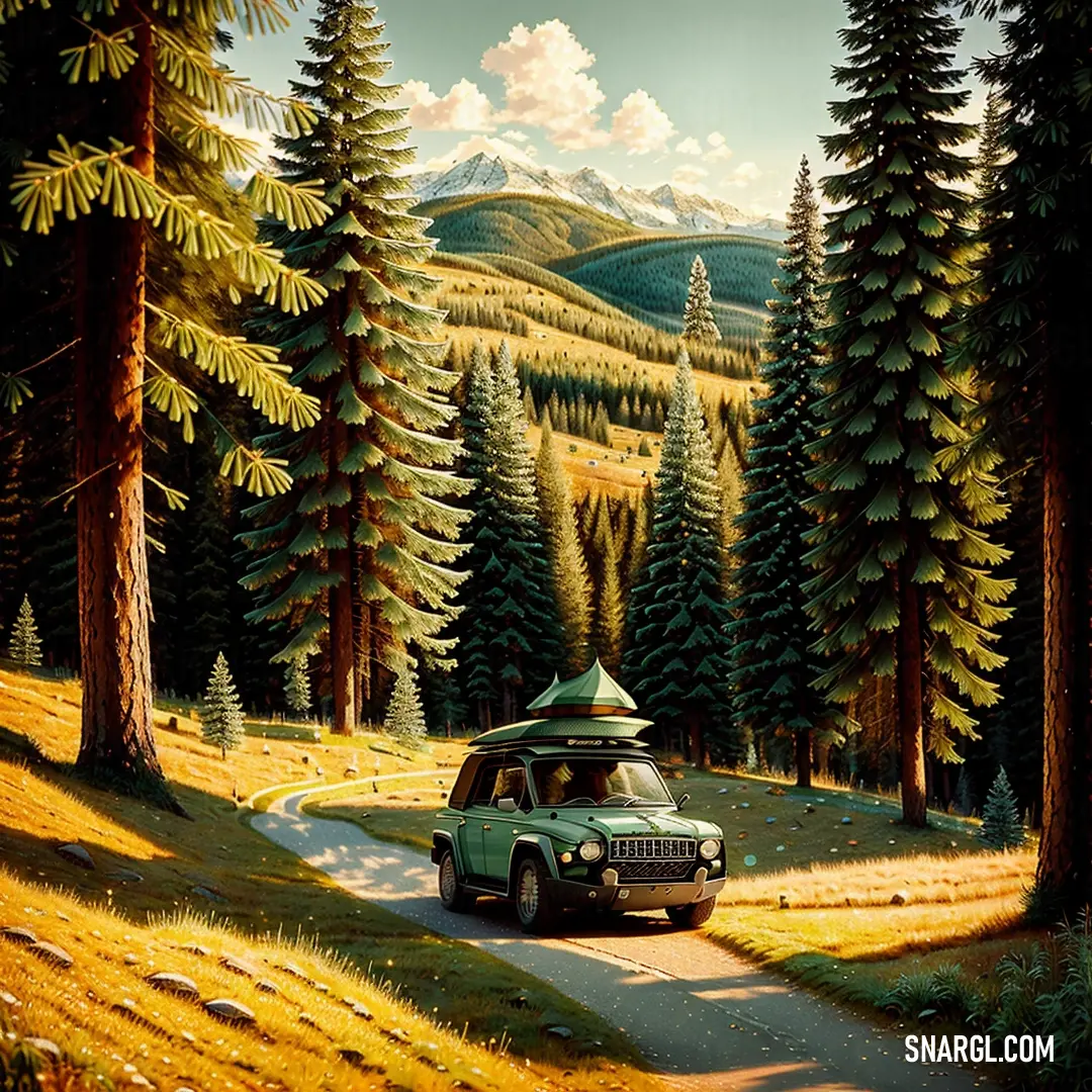 Mustard color. Painting of a green jeep driving down a road in the woods with a tent on top of it