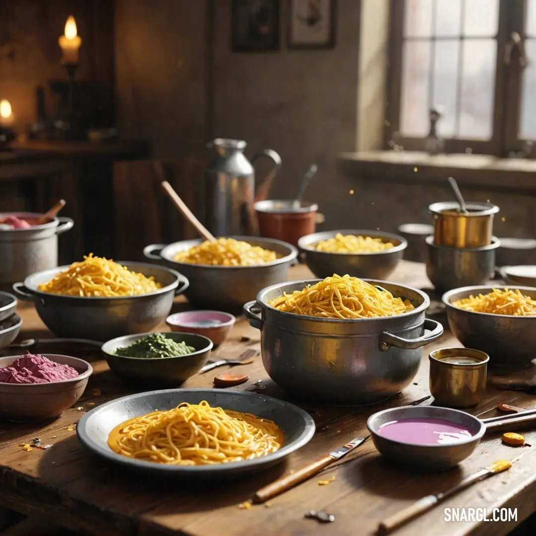 Mustard color example: Table with bowls of food and a candle in the background