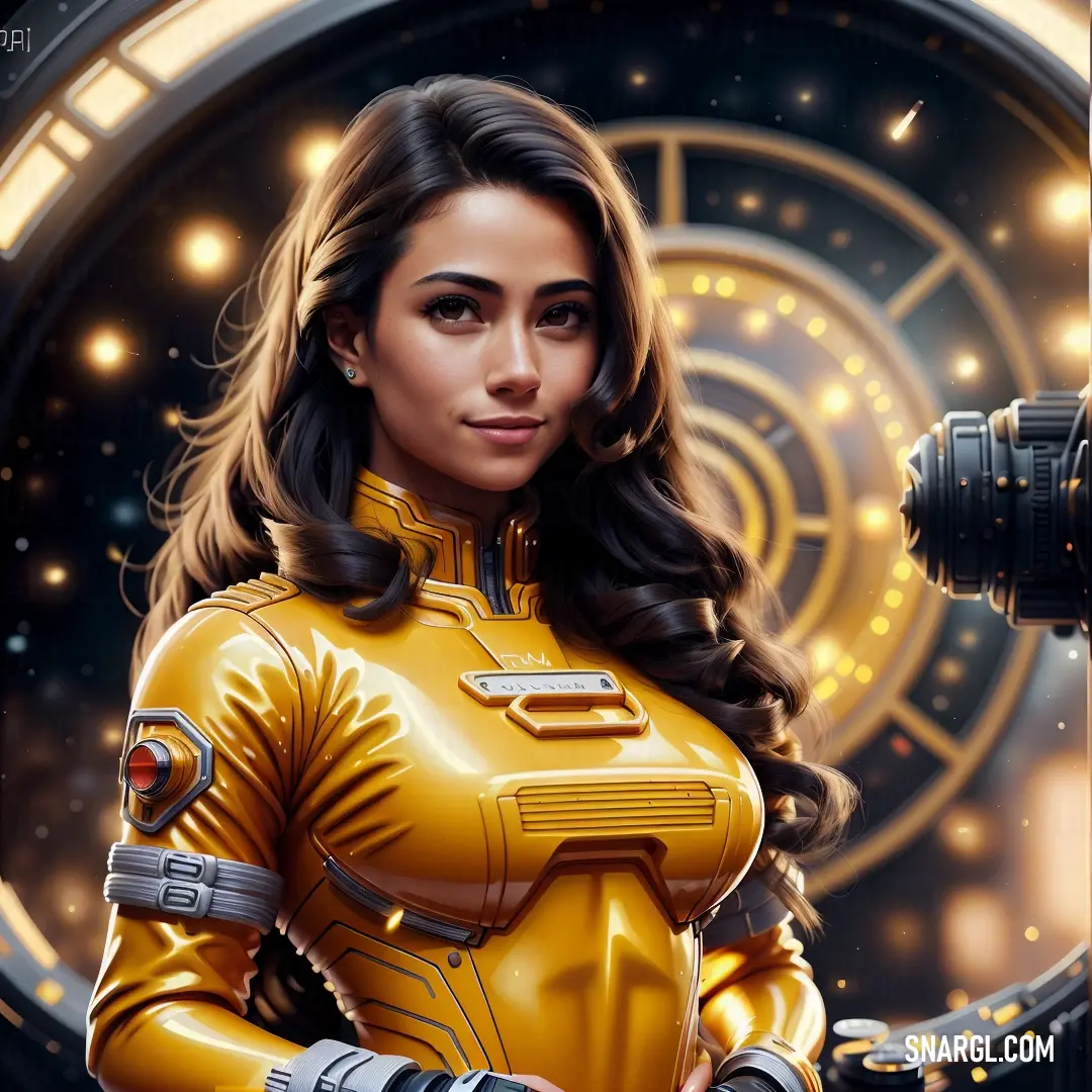Woman in a yellow suit standing in front of a clock with a sci - fi, Artgerm. Color RGB 255,219,88.