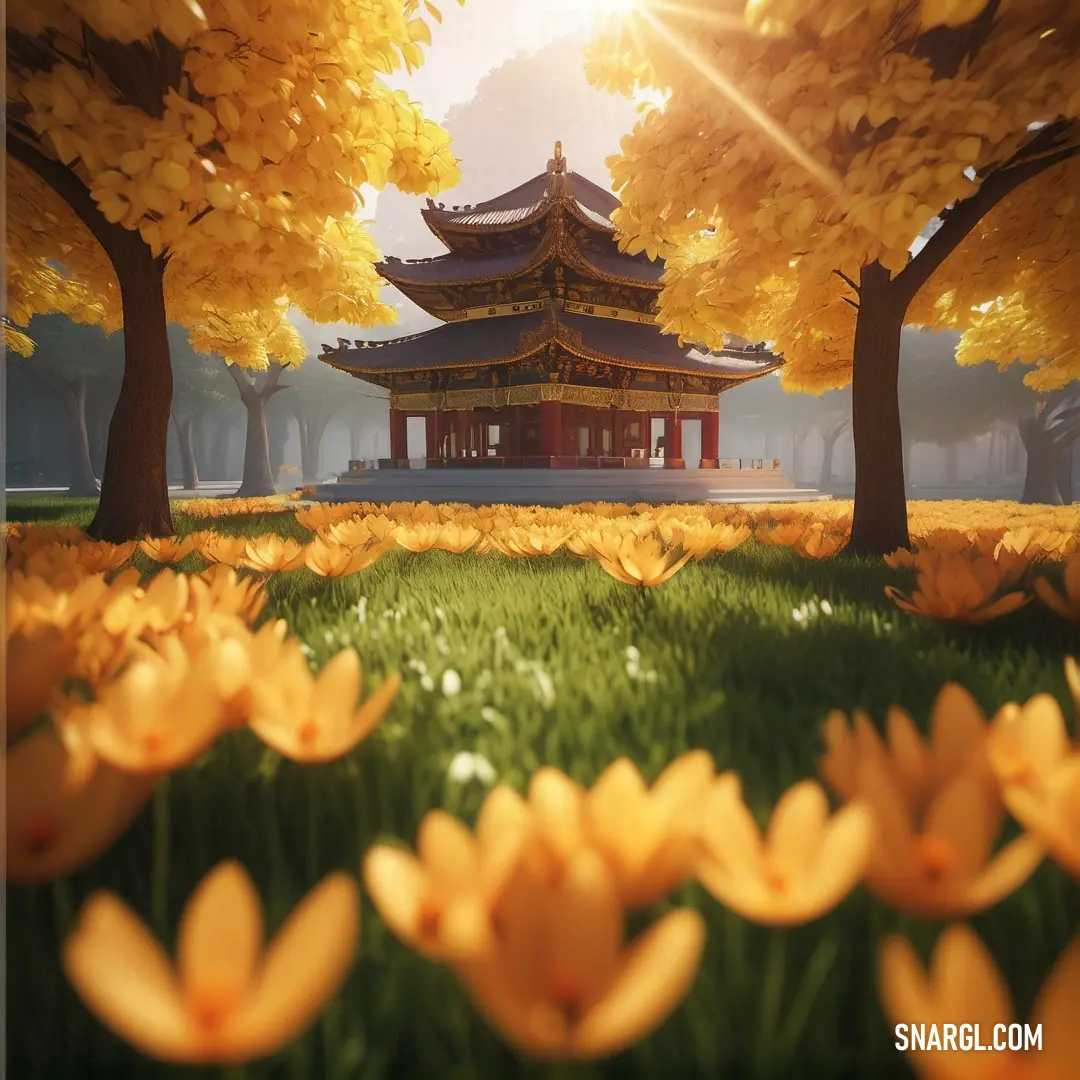 Pagoda surrounded by yellow flowers in a park with trees and grass in the foreground. Example of Mustard color.