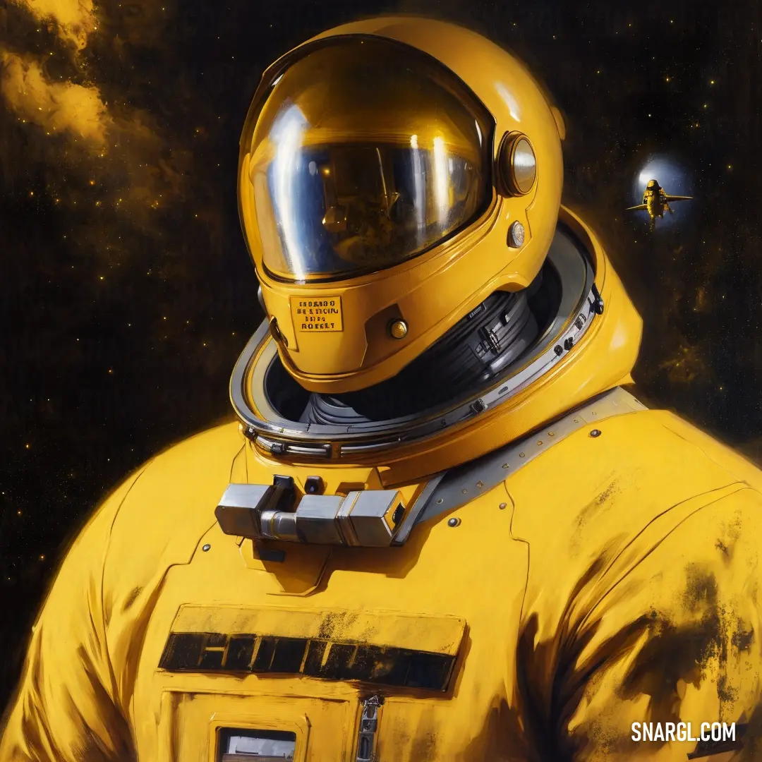 Painting of a man in a yellow space suit with a space shuttle in the background