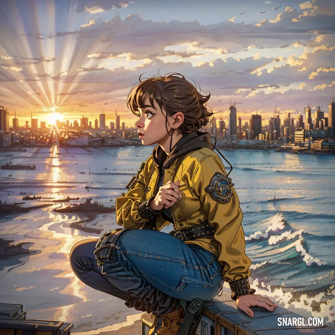 Painting of a woman on a railing looking out at the ocean and a city skyline in the background