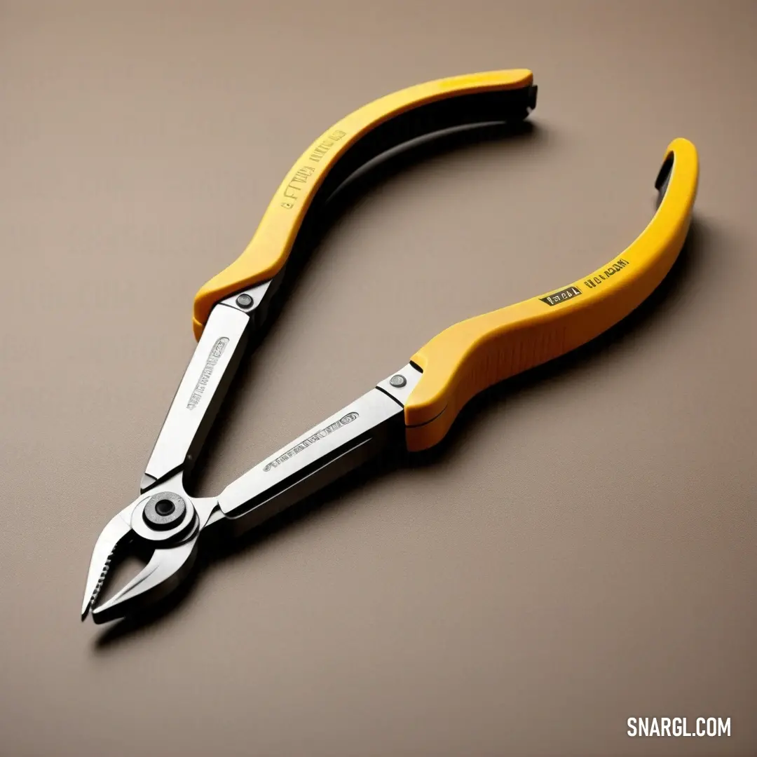 Pair of yellow and black scissors on a table top with a brown background. Color CMYK 0,14,65,0.