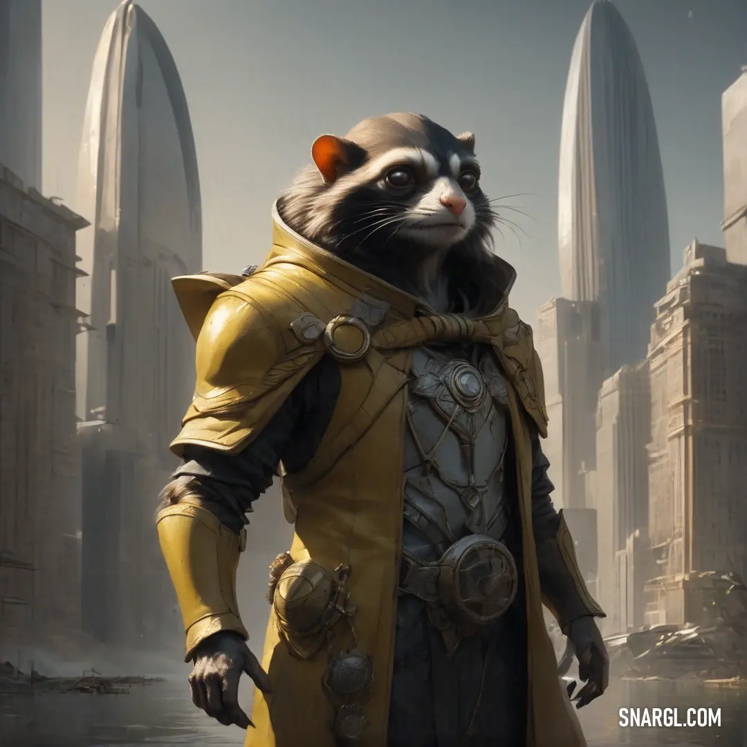Raccoon in a yellow outfit standing in front of a cityscape with skyscrapers in the background. Color CMYK 0,14,65,0.