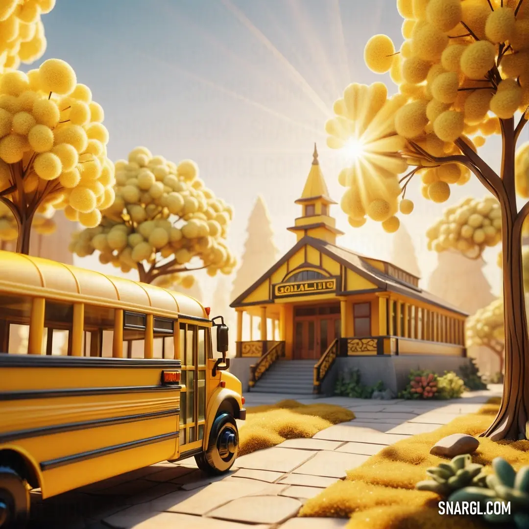 School bus parked in front of a building with a yellow roof. Color #FFDB58.