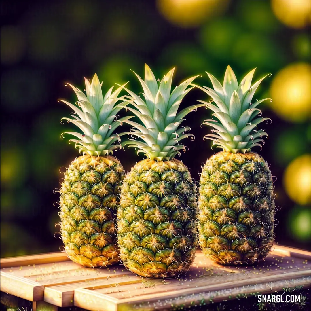 Three pineapples on a wooden table in a row with a blurry background of trees in the background