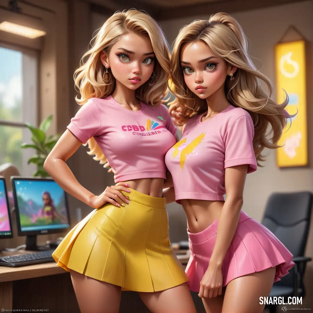 Two cute dolls are standing next to each other in front of a computer desk and a desk with a monitor. Example of RGB 255,219,88 color.