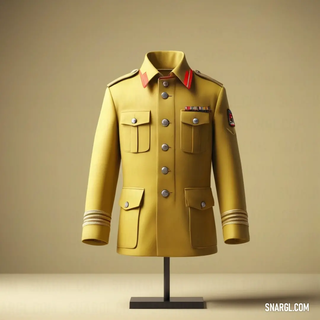 Mustard color. Uniform on a stand with a red ribbon on it's collar