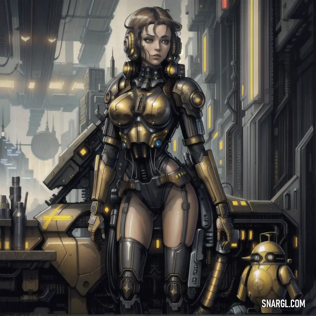 Woman in a futuristic suit standing in a city setting with a robot in the background