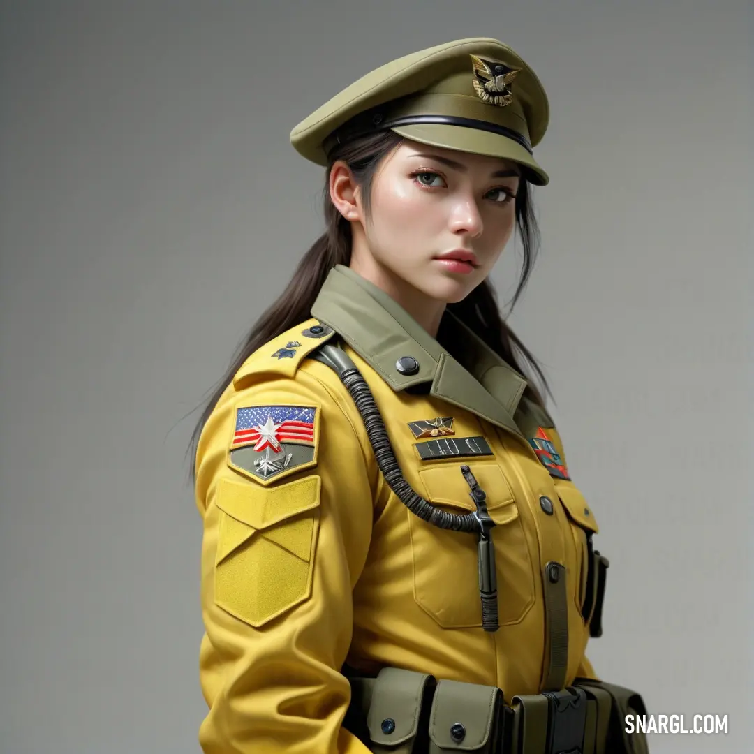 Woman in a uniform is posing for a picture in a studio photo by a photographer in korea. Color #FFDB58.