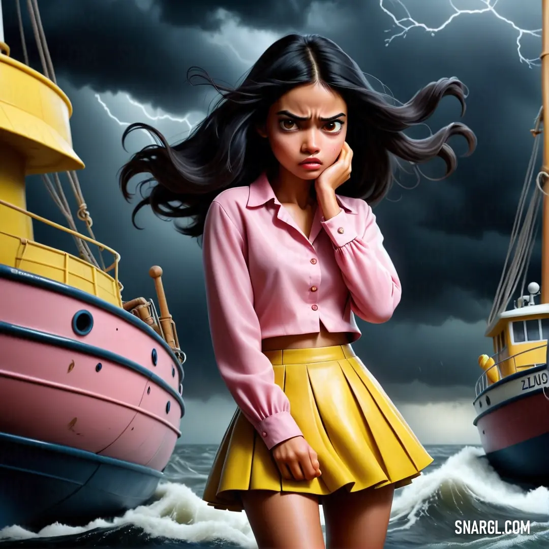 Woman in a yellow skirt standing in front of a boat with a lightning in the background and a pink shirt on