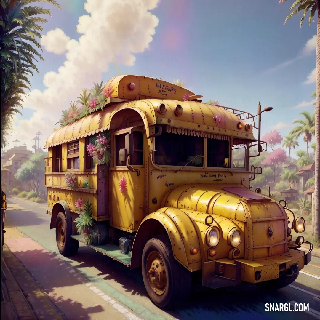 Mustard color example: Yellow bus is parked on the side of the road near a palm tree lined street and a building