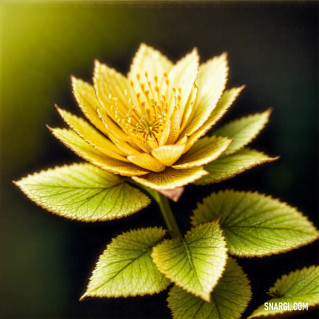 Yellow flower with green leaves on a black background with a green border around it