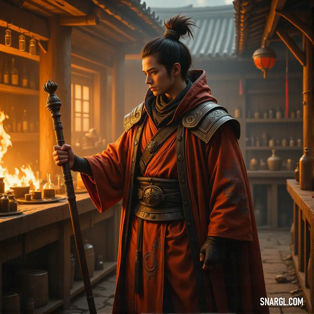 Myoken, dressed in a red robe, holds a staff in a fire-lit room, surrounded by pots and the warmth of the flames, channeling ancient energy. Myoken, cloaked in a red robe, stands in a room filled with pots and the flickering light of fire. With his staff in hand, he exudes an aura of ancient knowledge and power, the heat of the flames surrounding him.