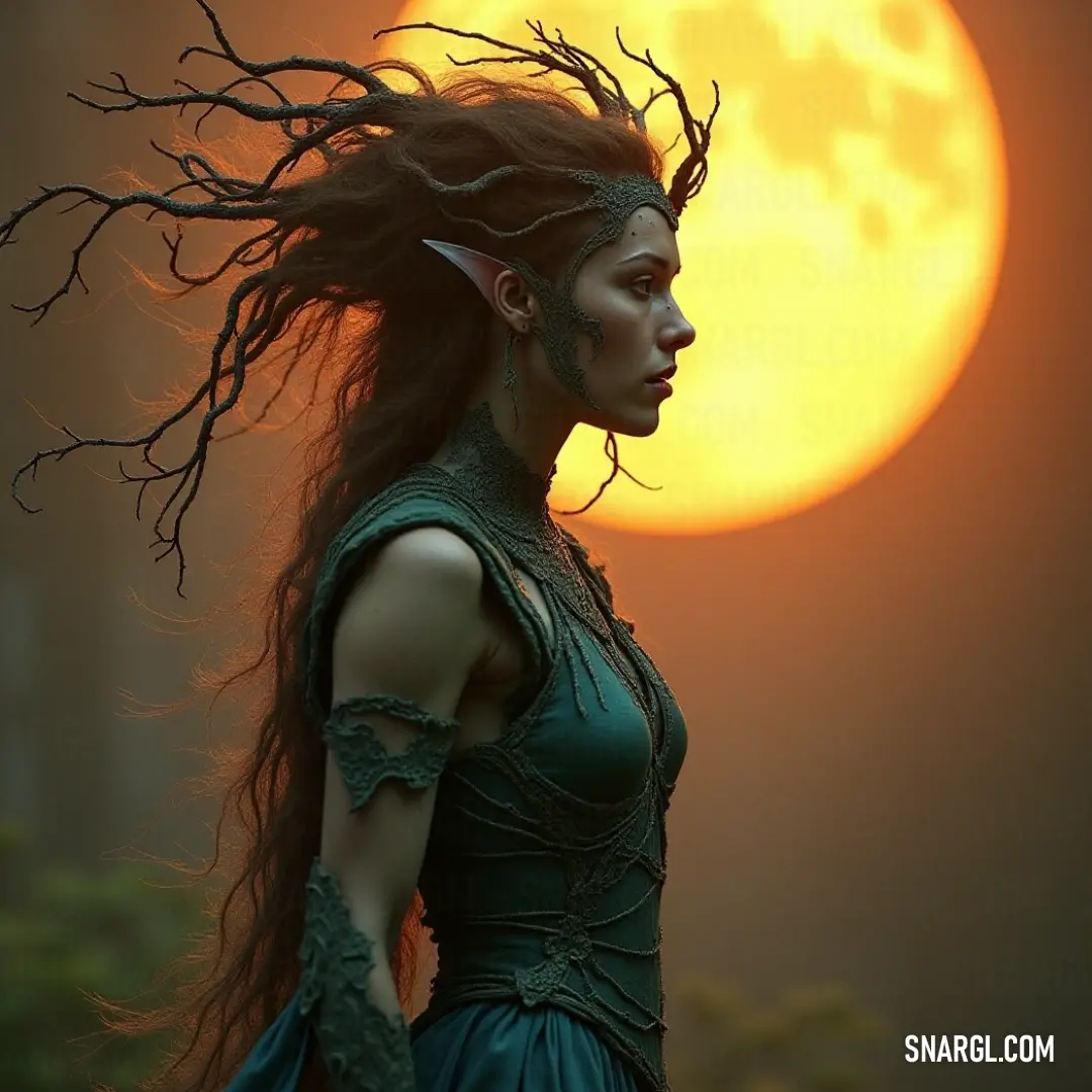 Against a radiant sun, a figure with long flowing hair stands gracefully, wearing a vibrant green dress, branches entwined in her hair while a full moon casts a mystical glow in the background, offering a mesmerizing contrast of light and nature.