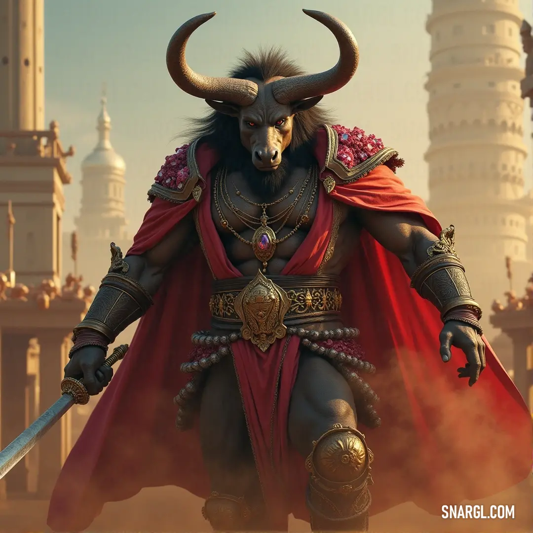 Myrkos, wearing a cape and horns, confidently strides through the city streets, sword drawn. Myrkos, adorned with majestic horns and a flowing cape, stands tall in a bustling city street, sword in hand, ready for adventure.