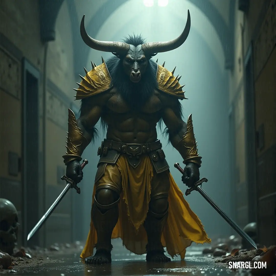 Myrkos, surrounded by skulls, grips two swords tightly, with light breaking through the darkness. Myrkos in his horned costume, wielding two swords, stands amidst a floor littered with skulls, as light streams through the shadows.