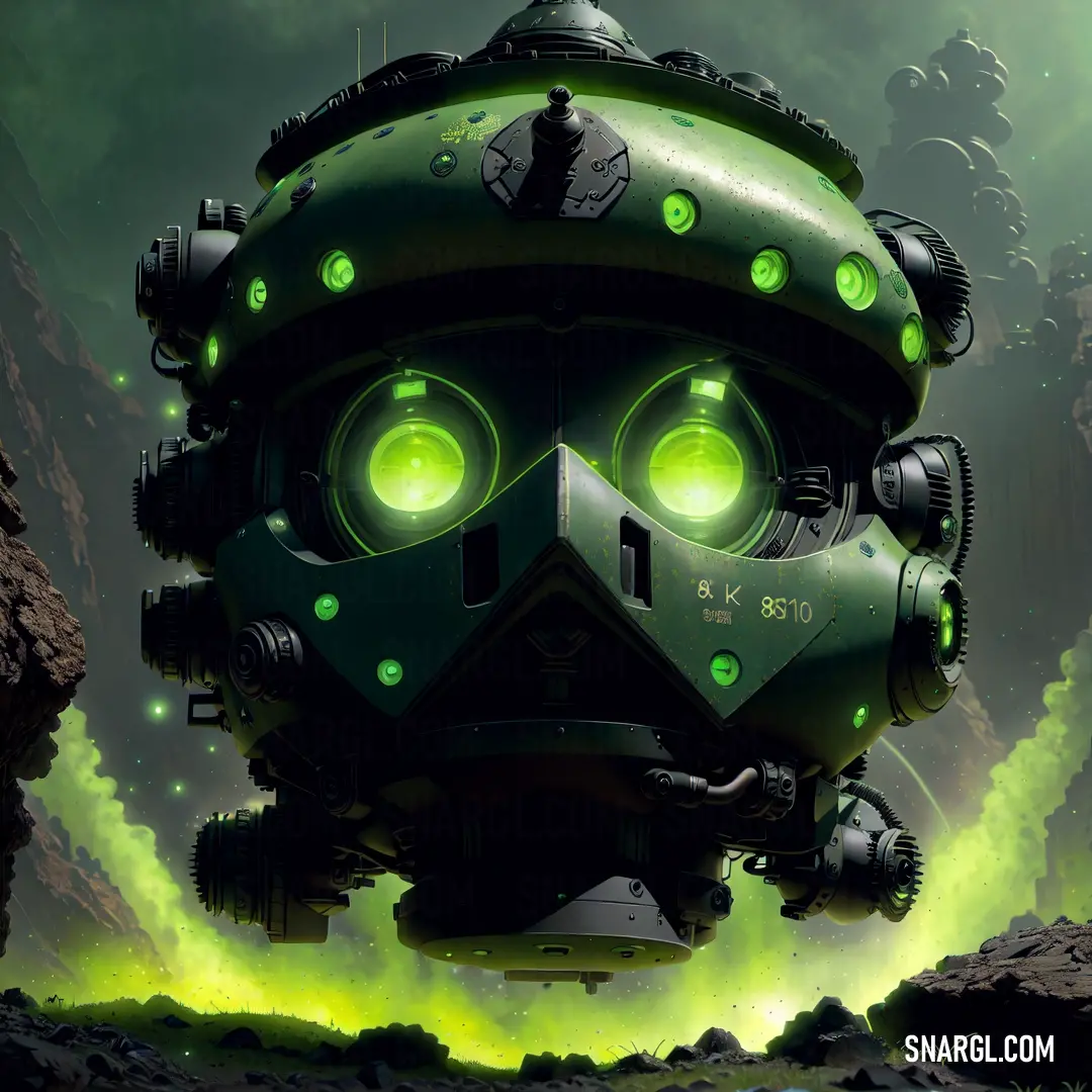 Futuristic looking green object with glowing eyes and a helmet on it's head