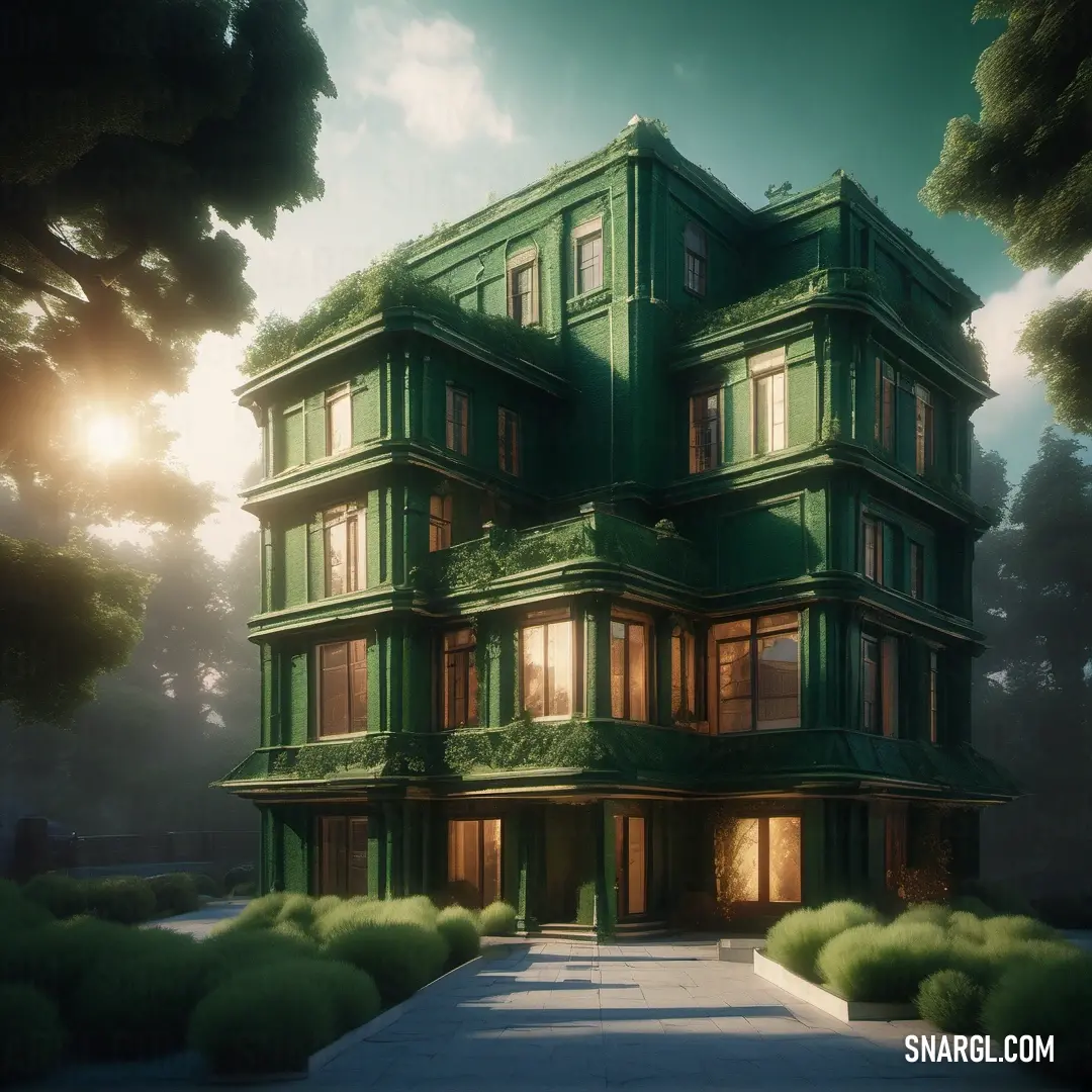 Green building with a lot of windows. Example of Myrtle color.