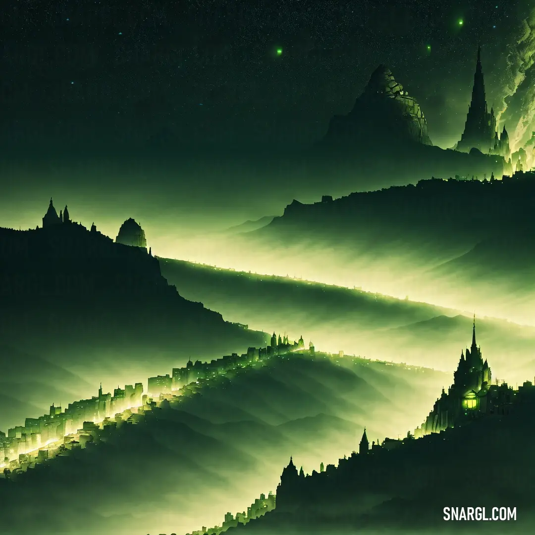 Green landscape with a castle on a hill at night with stars and a full moon in the sky