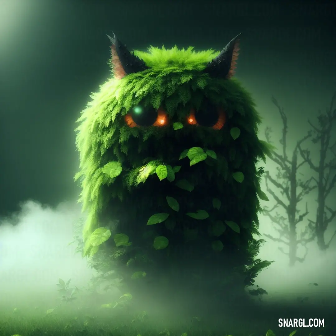 Green monster with glowing eyes and a green coat with leaves on it's body and a foggy background