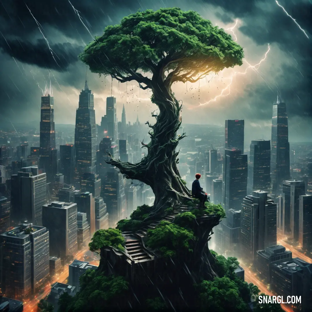 Man on a tree in the middle of a city under a cloudy sky with lightning coming in. Example of RGB 33,66,30 color.