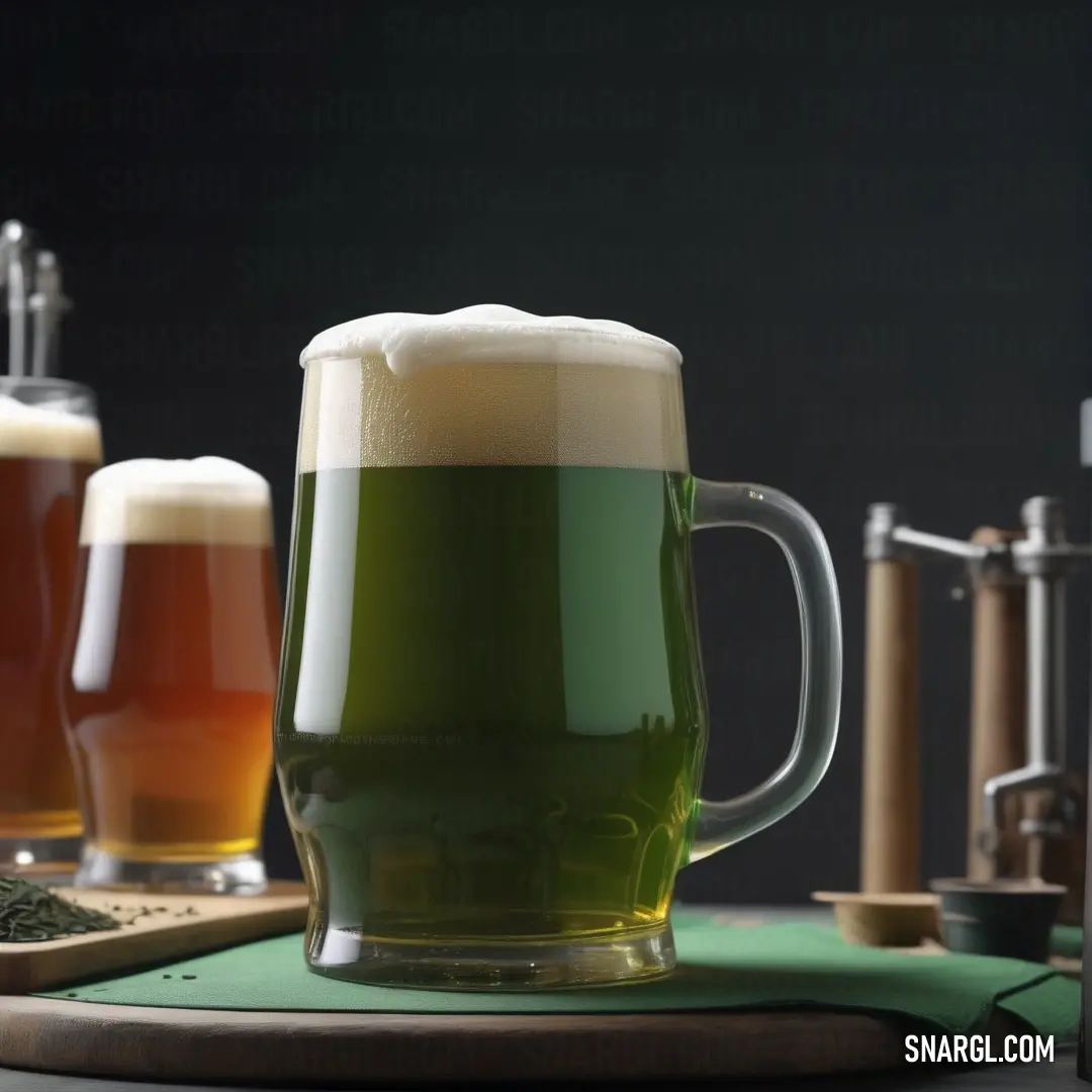 Table topped with three mugs of beer next to a bottle opener and a wooden board with a spoon. Example of Myrtle color.