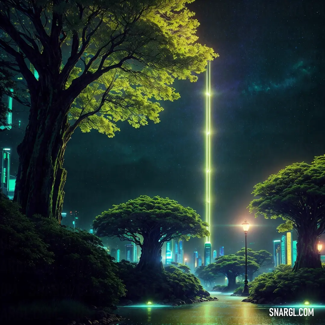 Night scene with a street light and trees in the foreground and a city in the background with a bright green light