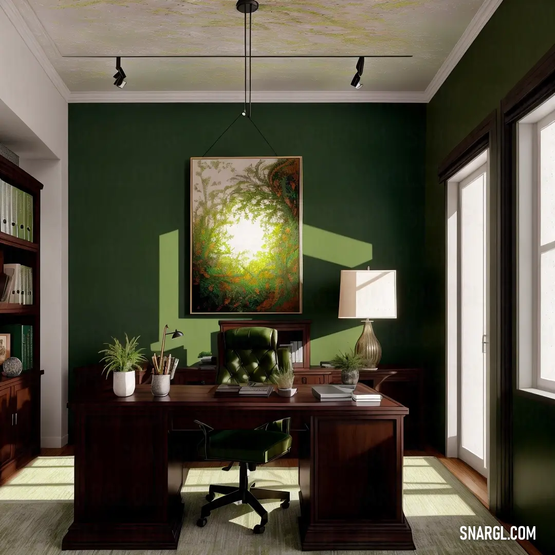 Myrtle color. Room with a desk and a painting on the wall and a lamp on the floor and a chair