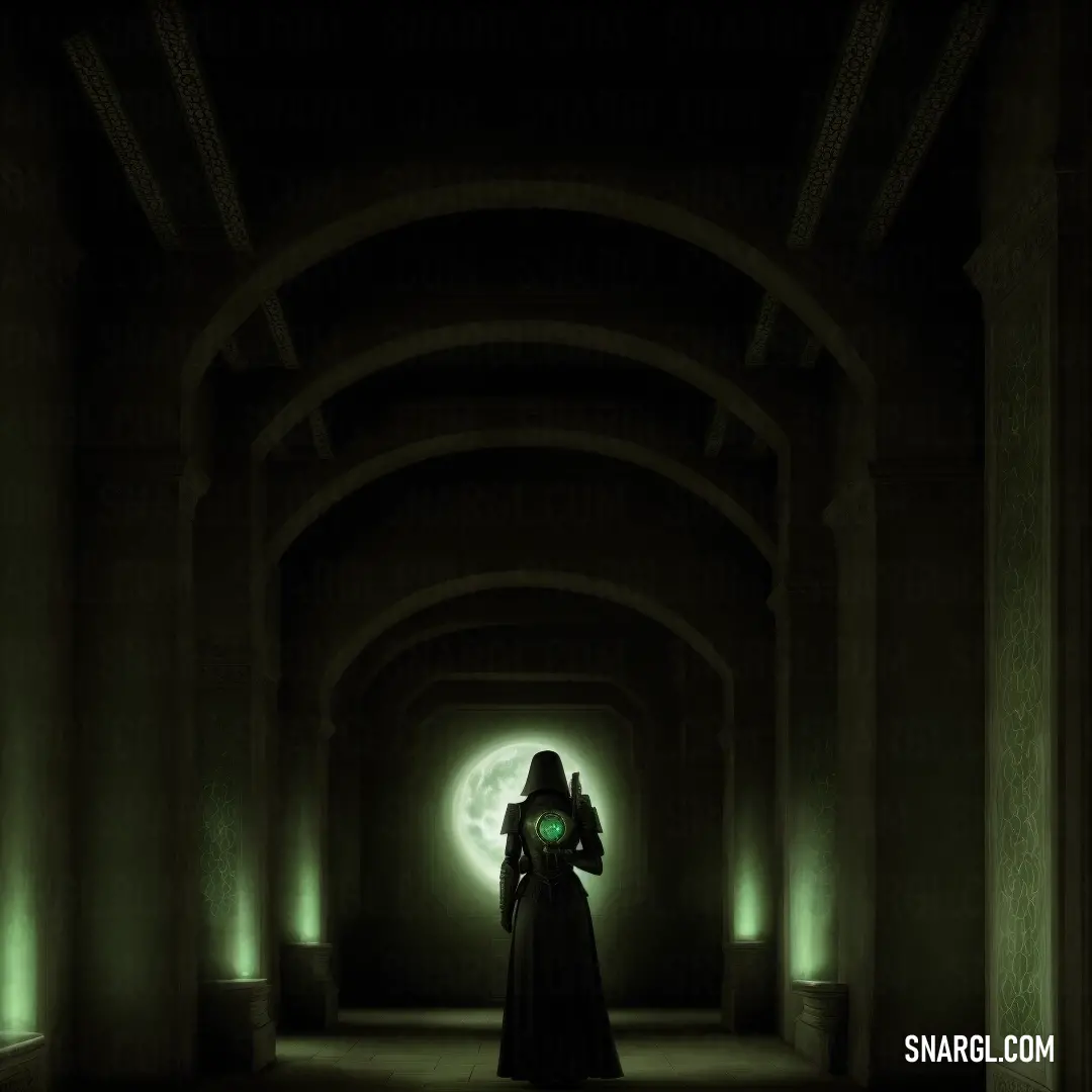 Woman in a long dress standing in a dark tunnel with a green light on her face