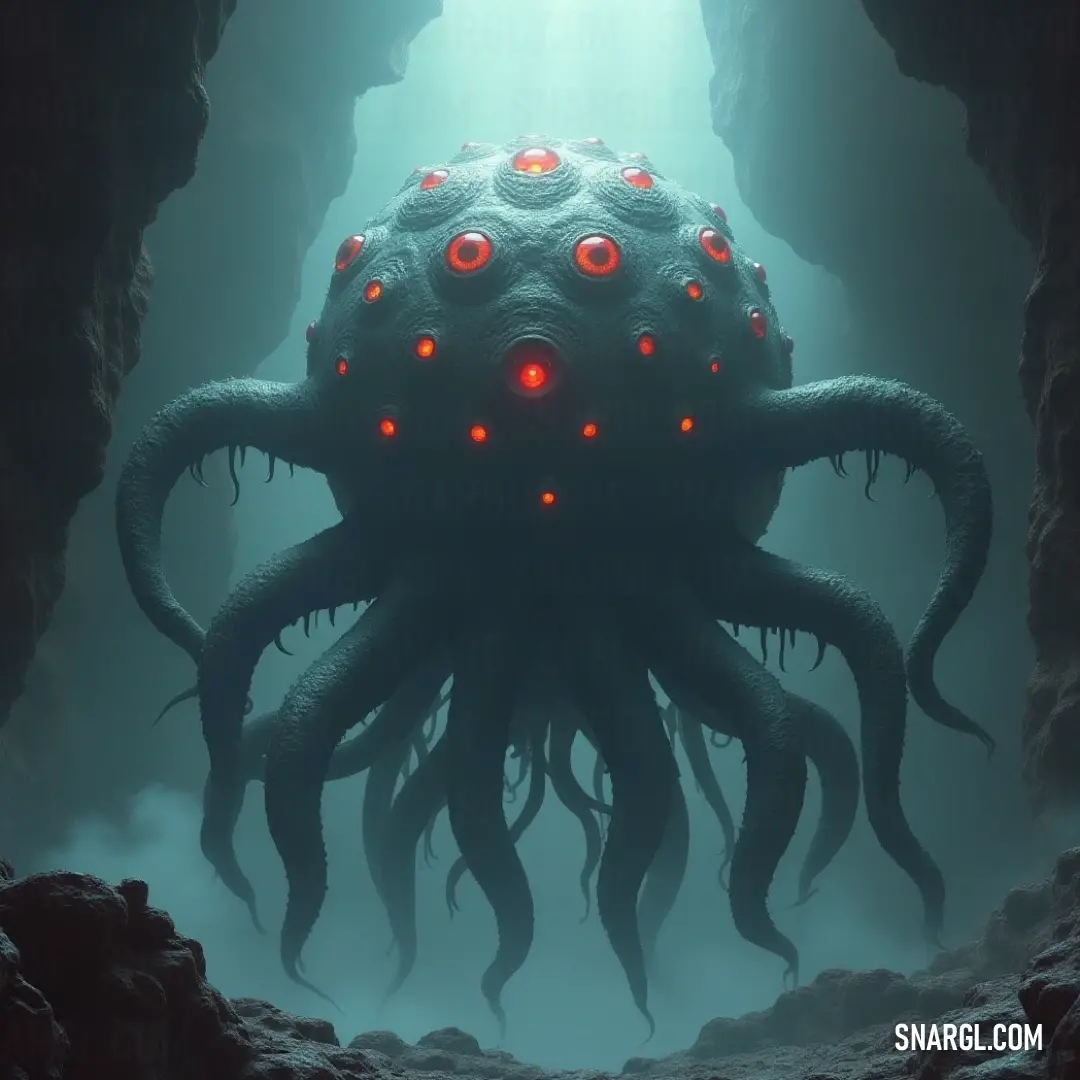 Ethereal Mystic Eye with tentacles glowing in a cave, a light beam radiating from its mouth. A stunning Mystic Eye with flourishing tentacles basks in darkness, emitting a luminous beam from its mouth. Residing in a cavern, it enchants all who dare to observe, creating an ethereal spectacle in the shadowy recesses.