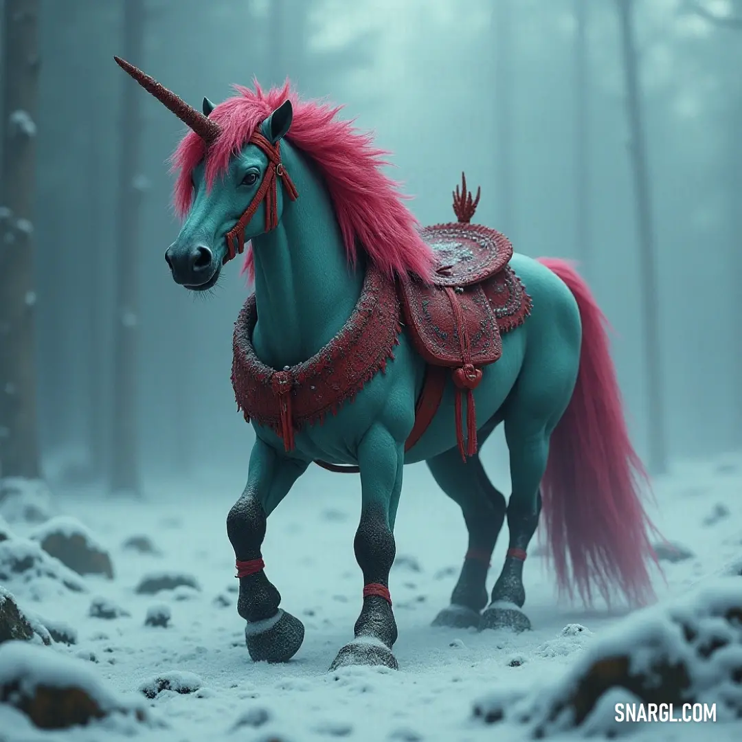 In a picturesque winter scene, a captivating Blue Mystic Steed with a vibrant pink mane and stylish boots frolics in the glistening snow, its lovely colors contrasting beautifully against the white landscape and frosted trees.