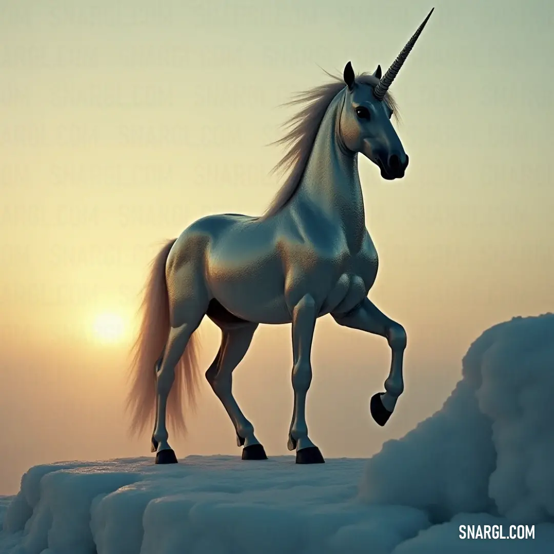 A white mystic steed stands tall on a snow-dusted hill as the sun sets, casting a warm, magical light across the landscape. A majestic white steed stands proudly atop a snow-covered hill, bathed in the golden glow of the setting sun, with a serene and ethereal atmosphere surrounding it.