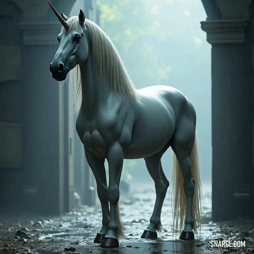 A white mystic steed stands poised in a magnificent hallway, framed by the elegance of columns and an arched doorway, adding an air of mysticism to the architectural beauty. A majestic white mystic steed stands in a grand hallway, next to a columned building with an arched doorway, creating a regal and timeless atmosphere.